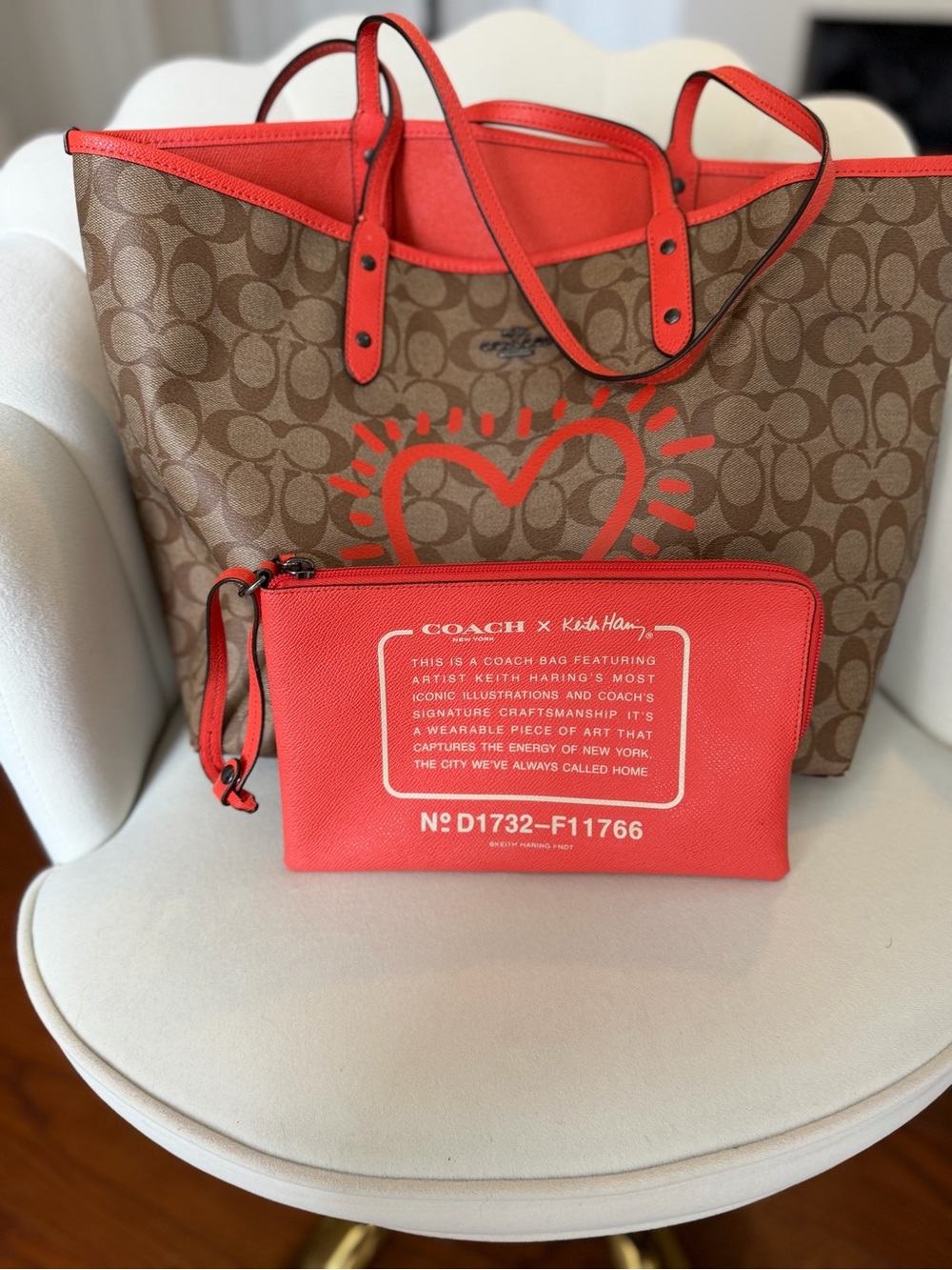 Reversible Coach Canvas Tote with Coral-Red Trim and Matching Removable Pouch
